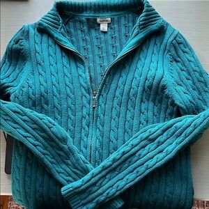 LL Bean Cotton Cable knit Zip Up Cardigan Sz Large Teal Sweater